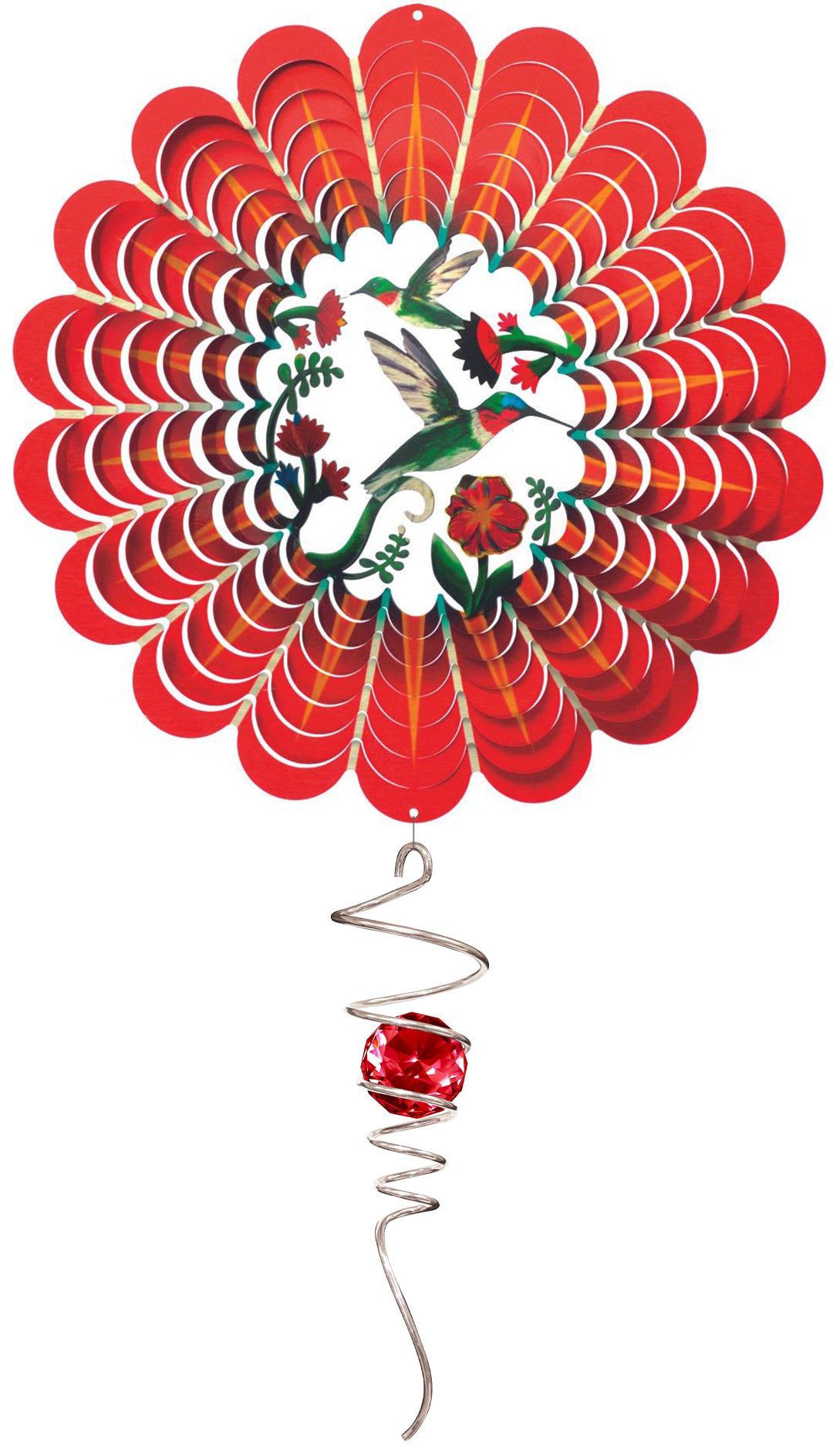 3D hummingbird wind spinner with red scalloped blades, hummingbirds and red flowers at the centre, and a silver spiral tail holding a red crystal ball