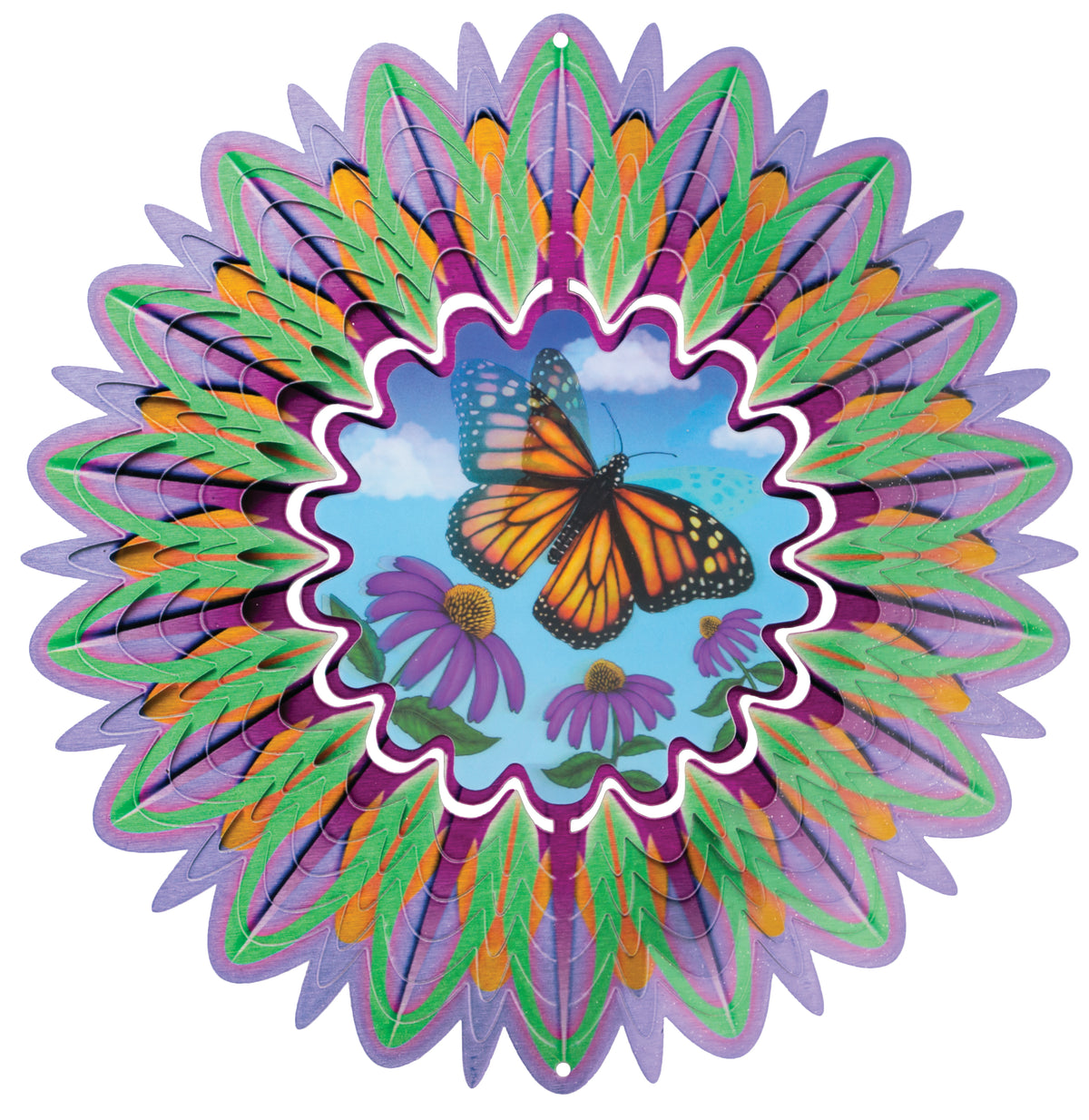 Large animated monarch butterfly wind spinner with purple coneflower scene and feathered layered rim