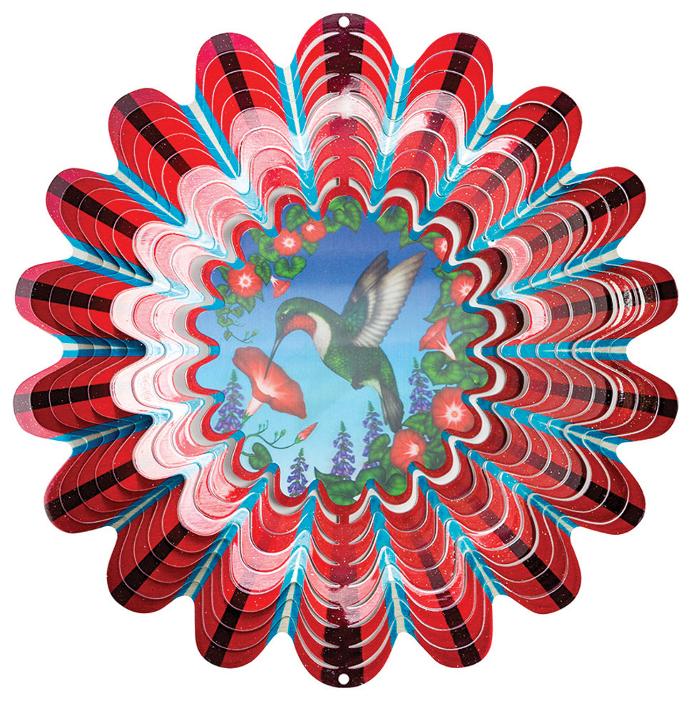Large Red Hummingbird wind spinner with printed hummingbird and trumpet flower centre inside layered red, pink and turquoise petals