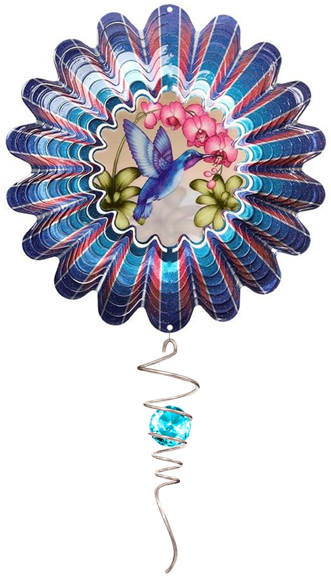 Animated Sepia Hummingbird wind spinner set with hummingbird and orchid centre, pinstriped petals and aqua crystal spiral tail