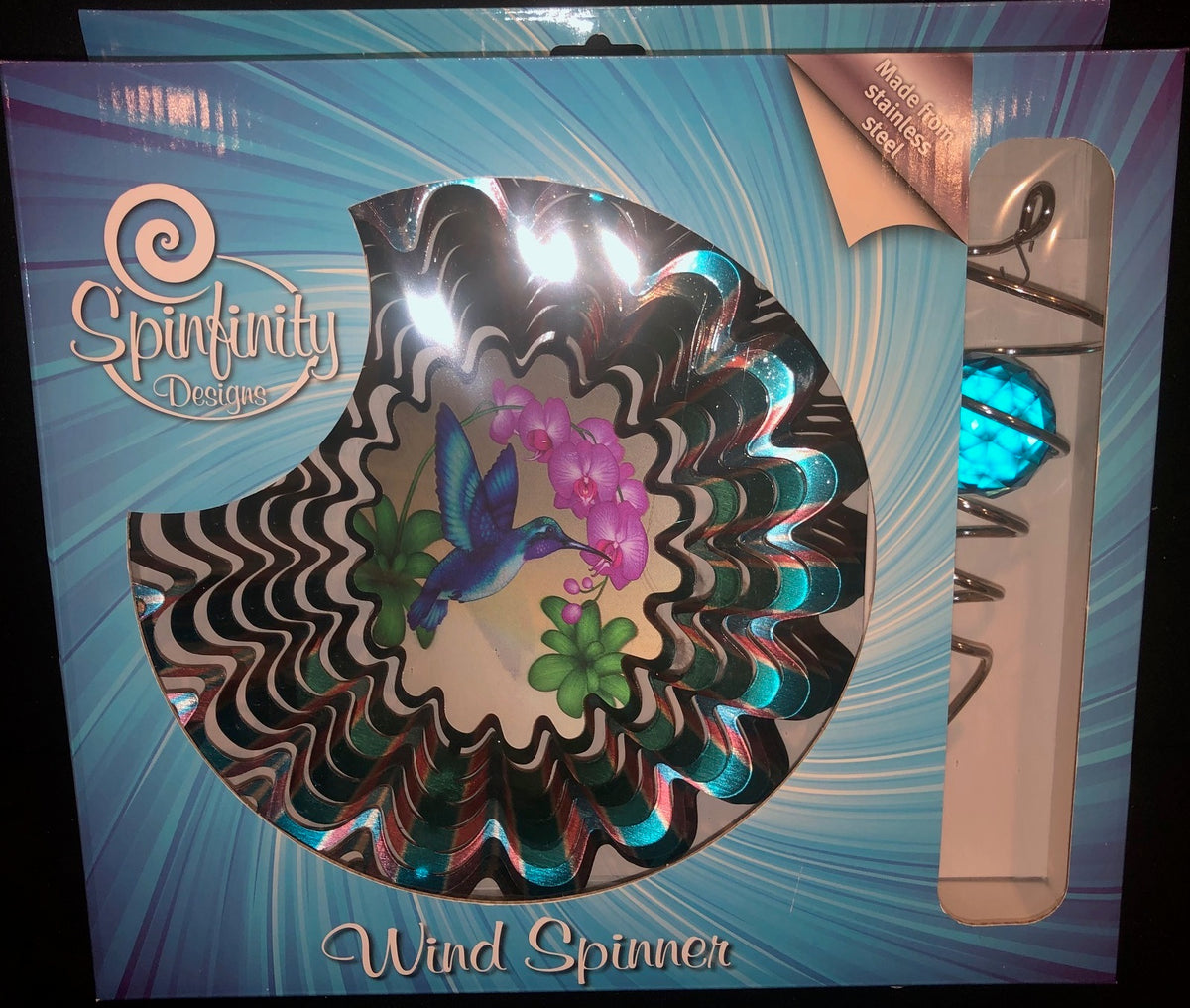 Red Sepia Hummingbird wind spinner gift set in Spinfinity Designs window box with teal and red spinner and aqua crystal twister