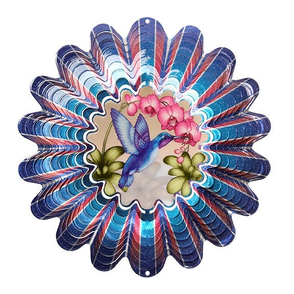 Large blue hummingbird wind spinner with pink orchid centre scene and ruffled pleated layers