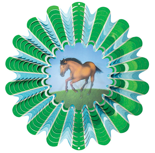 Large animated horse wind spinner with galloping horse centre and green and blue scalloped ring