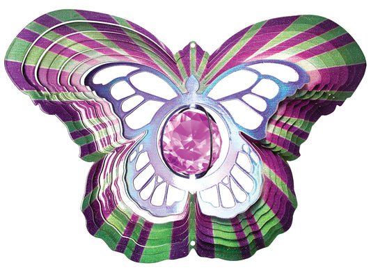 Large butterfly wind spinner with magenta and green striped wings, iridescent openwork butterfly centre and faceted pink crystal ball