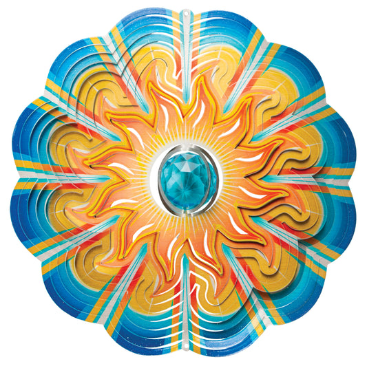Large sun wind spinner with fiery orange sun artwork, blue wave border and a large aqua faceted crystal ball mounted at the centre