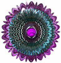 Large galactic mandala wind spinner with layered purple and teal feathered petals radiating from a purple faceted crystal ball