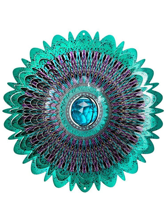 Large teal mandala wind spinner with speckled petal layers, purple lace inner rings and a faceted teal crystal ball centre