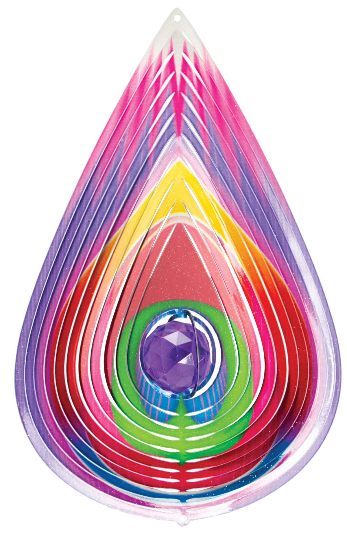 Paradise teardrop wind spinner with rainbow gradient layers and faceted purple crystal ball centre