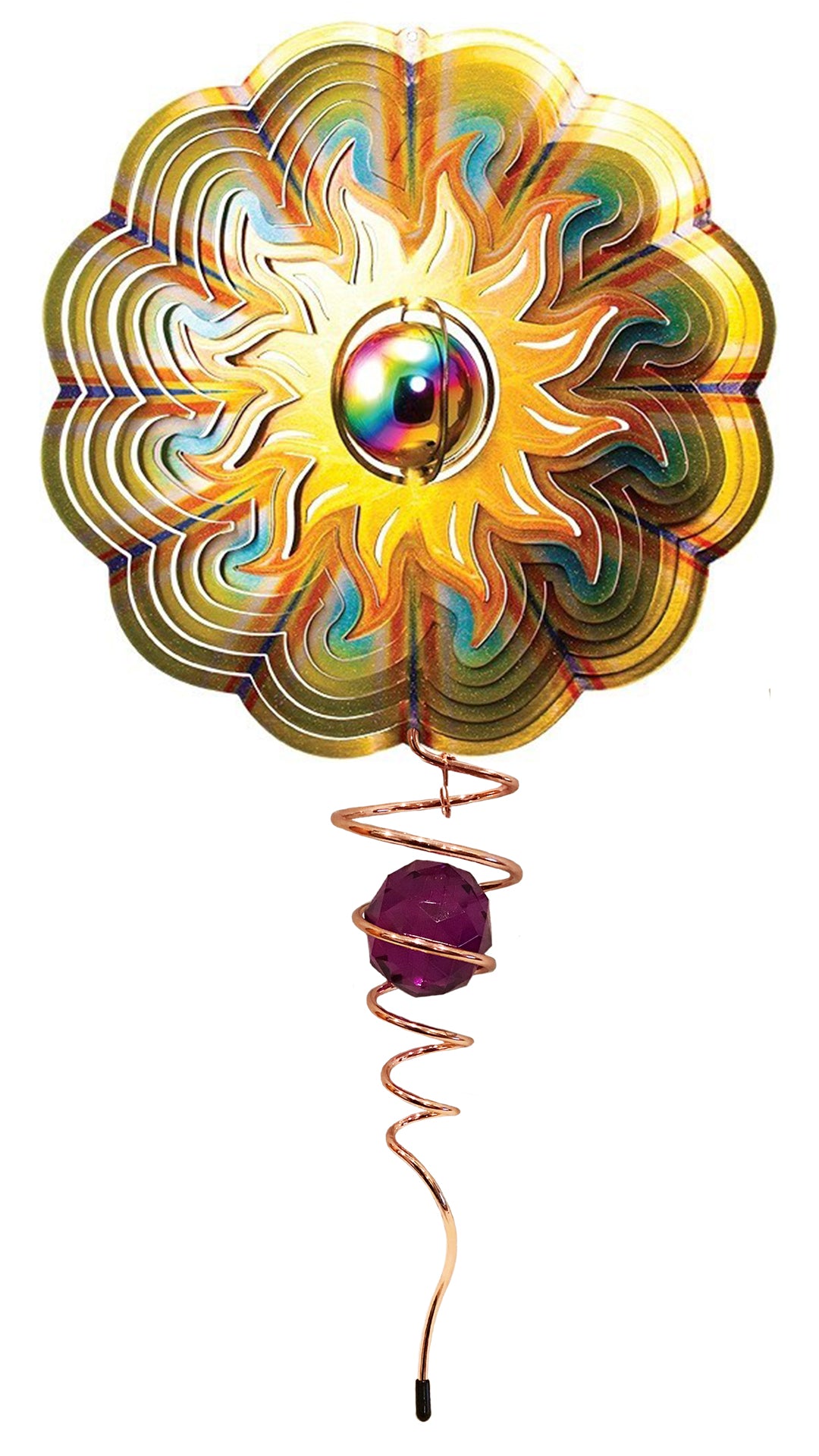 Gazing sun wind spinner and crystal tail set with iridescent gazing ball centre and copper twister below