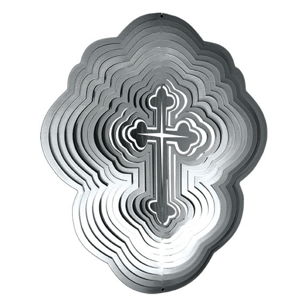 All-silver stainless steel wind spinner with layered quatrefoil blades and an ornate budded cross at the centre