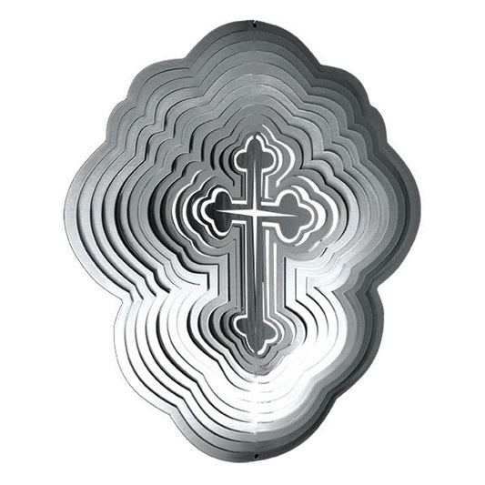 All-silver stainless steel wind spinner with layered quatrefoil blades and an ornate budded cross at the centre