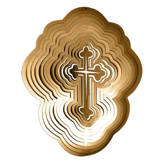 Large gold cross wind spinner, an ornate budded cross in brushed gold framed by concentric layered scalloped rings