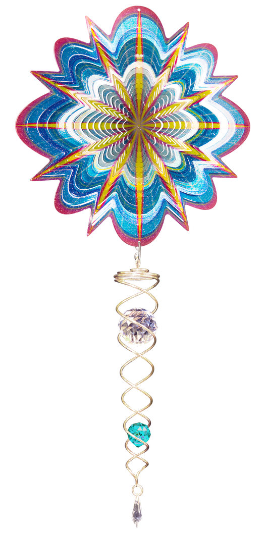 Arctic Splash wind spinner set with glitter-blue starburst blades and a gold-tone crystal twister with aqua crystal ball