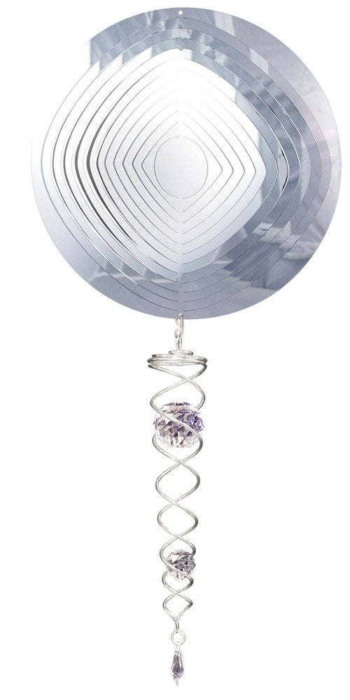 Circle diamond wind spinner set in mirror silver with mini crystal twister and teardrop prism hanging below
