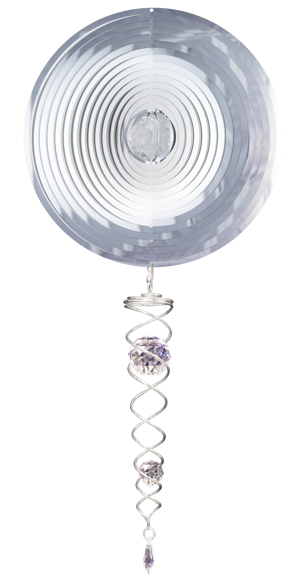 Silver Crystal Circle wind spinner set with mirrored concentric rings, centre crystal ball and mini crystal twister holding lavender and clear crystals