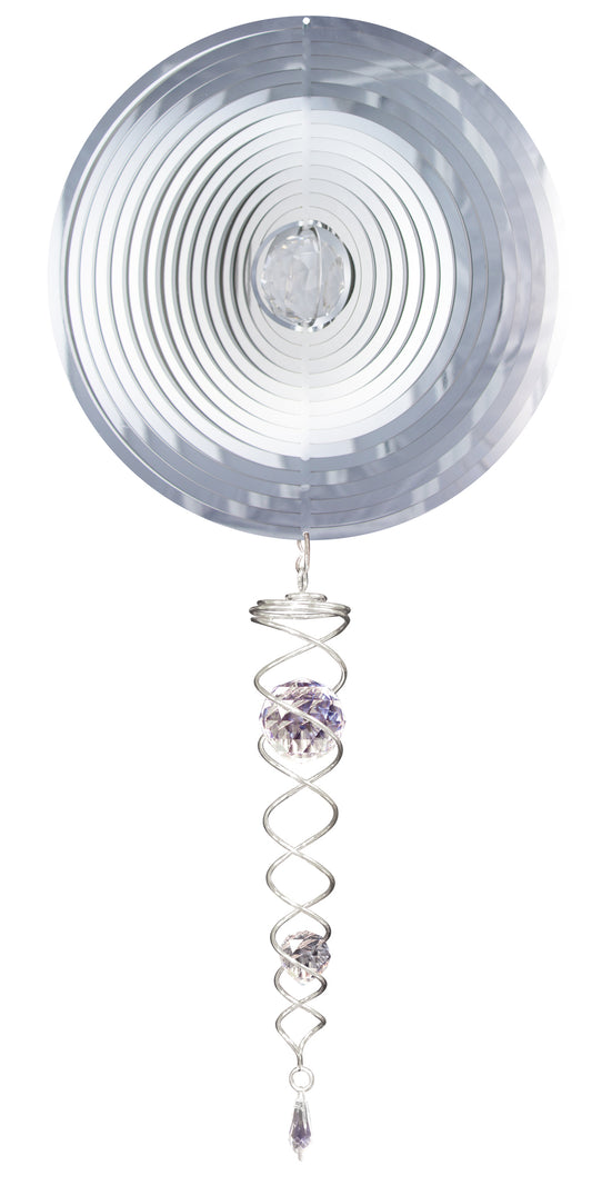 Silver Crystal Circle wind spinner set with mirrored concentric rings, centre crystal ball and mini crystal twister holding lavender and clear crystals