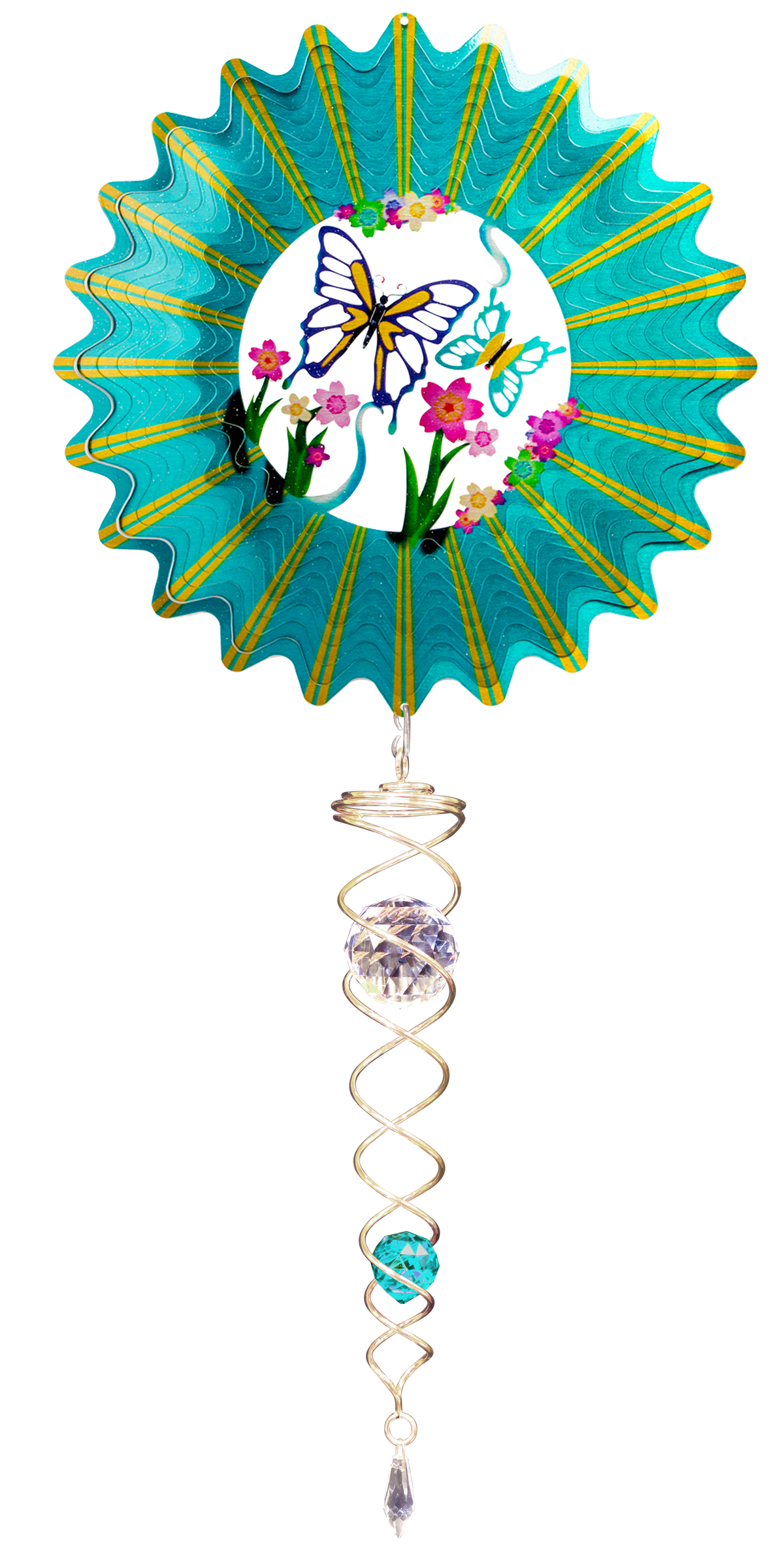 Small 3D butterfly wind spinner gift set with teal sunburst rim and gold crystal twister hanging below