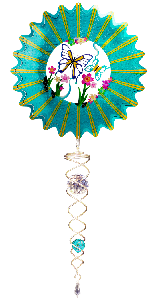 Small 3D butterfly wind spinner gift set with teal sunburst rim and gold crystal twister hanging below