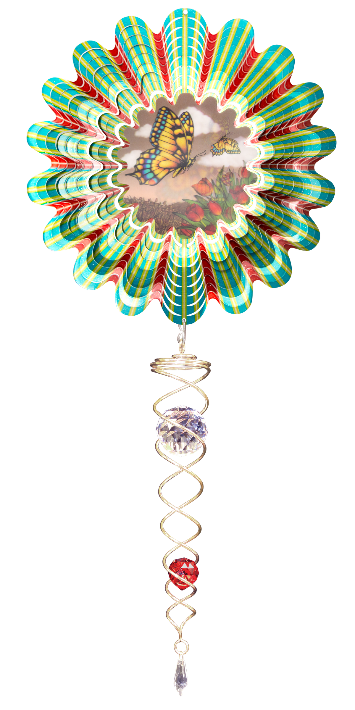 Animated sepia butterfly wind spinner set with striped petal spinner showing a swallowtail over red tulips, gold crystal twister hanging below