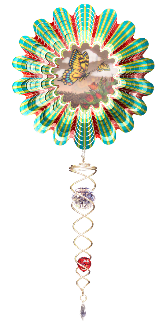 Animated sepia butterfly wind spinner set with striped petal spinner showing a swallowtail over red tulips, gold crystal twister hanging below