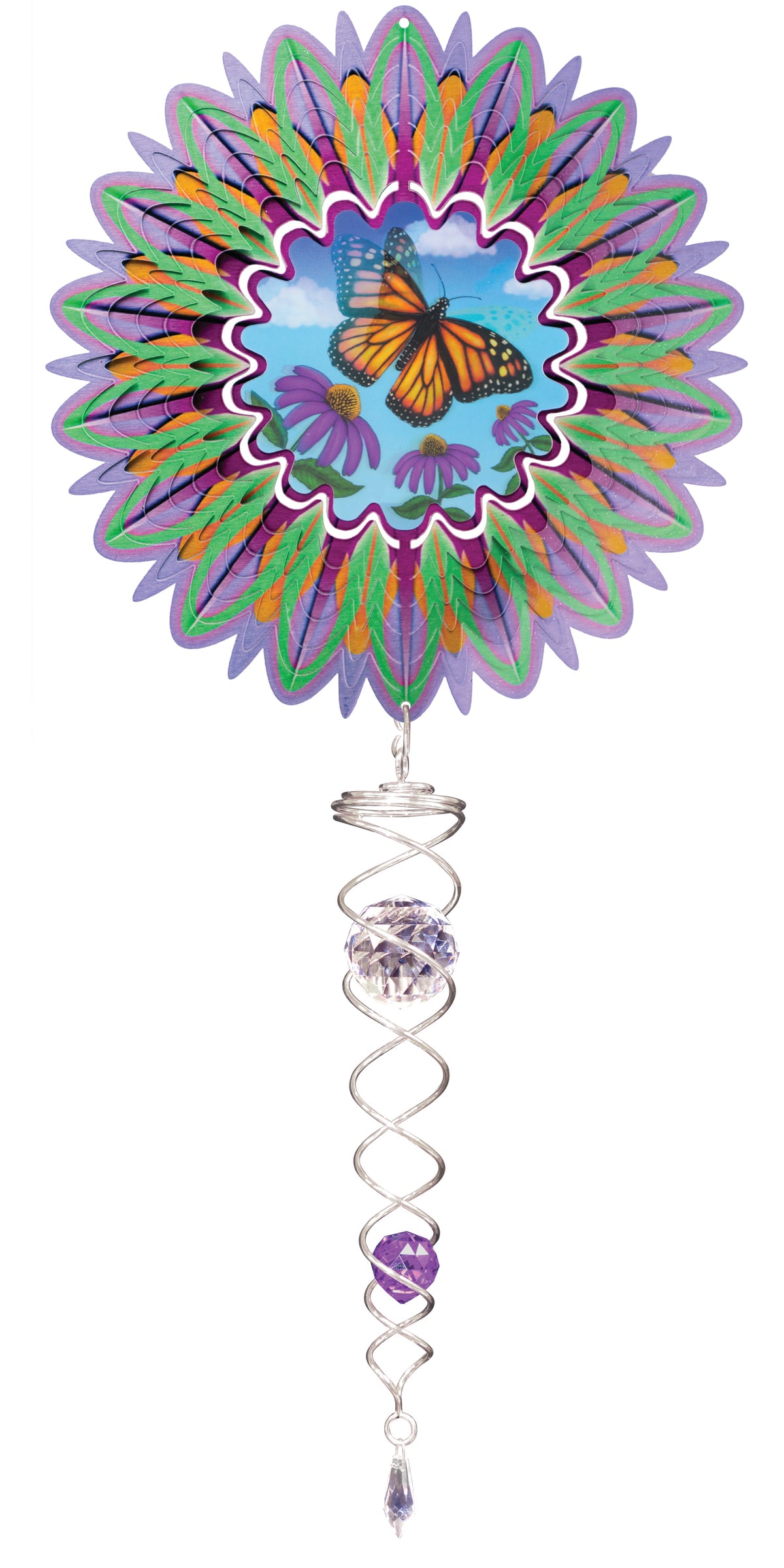 Small animated butterfly wind spinner set showing a monarch over purple coneflowers, with feathered petal border and silver crystal twister