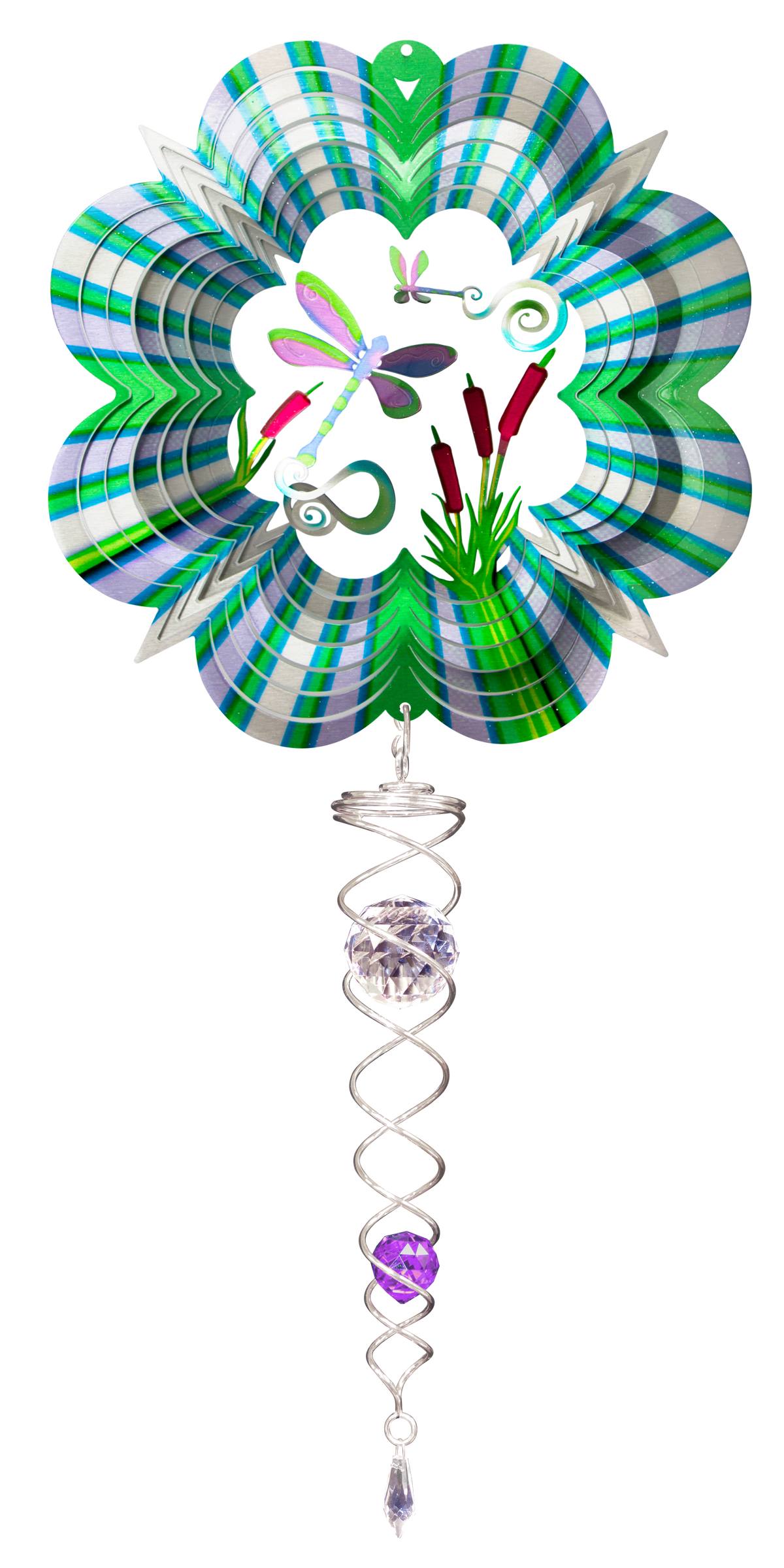 3D dragonfly wind spinner set with dragonfly and cattails scene and silver crystal twister below