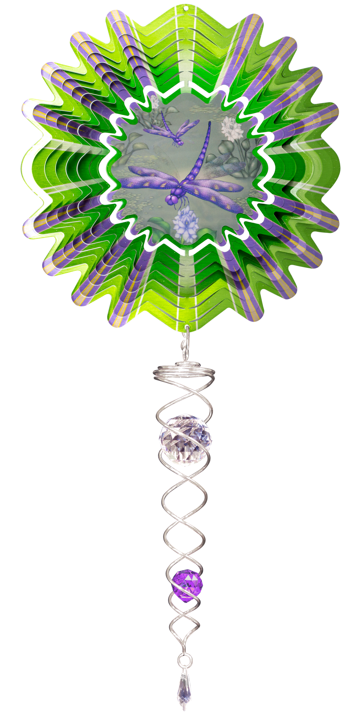 Small Sepia Dragonfly wind spinner set with sepia pond scene centre, green and purple chevron petals and crystal twister tail