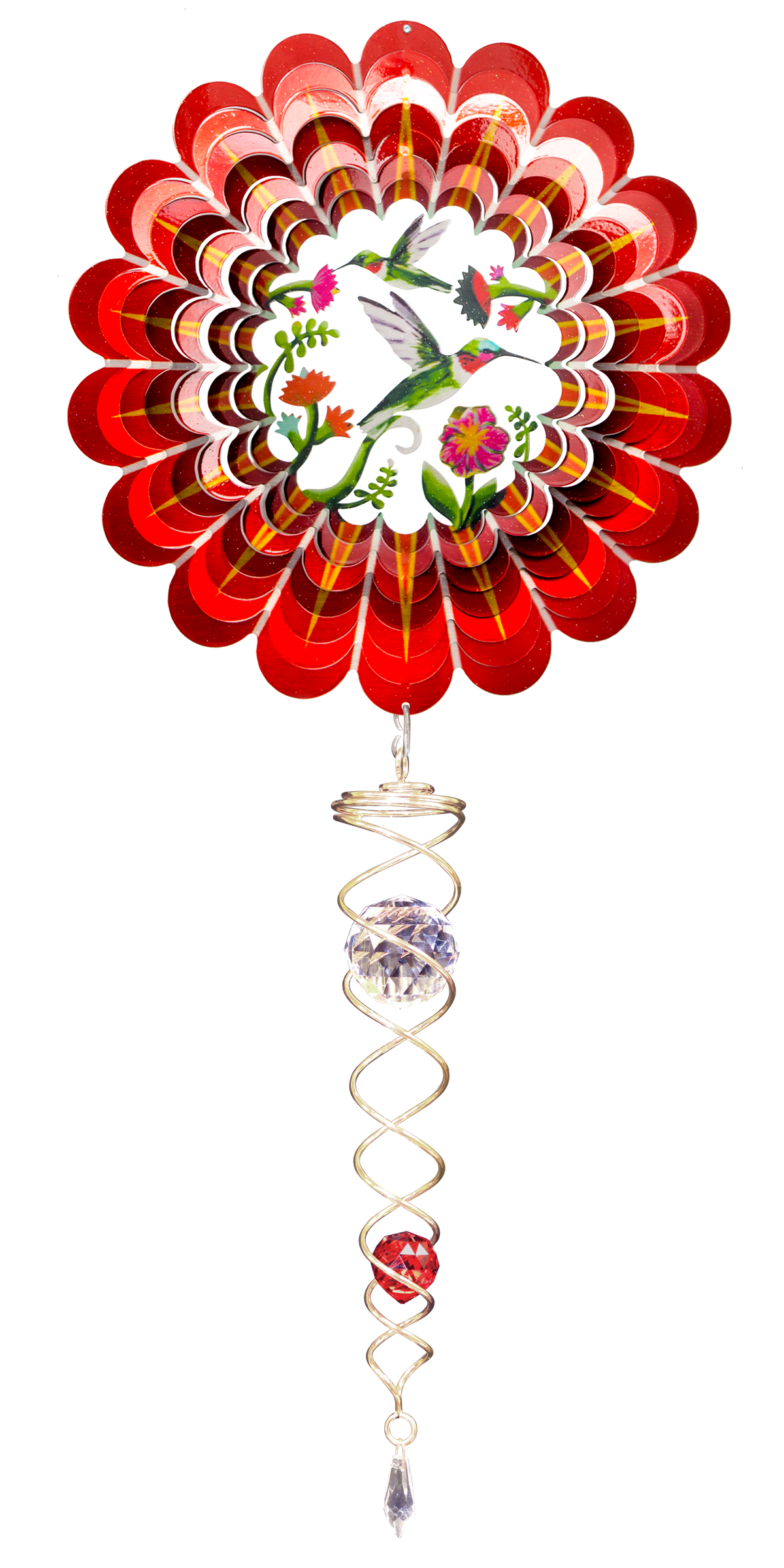 Small 3D red hummingbird wind spinner set with gold-edged red petals, hummingbird and flower centre scene, and gold crystal twister