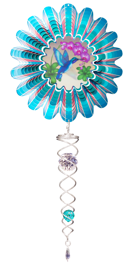 Animated blue hummingbird wind spinner set with turquoise petal spinner showing a hummingbird at pink orchids, silver crystal twister below