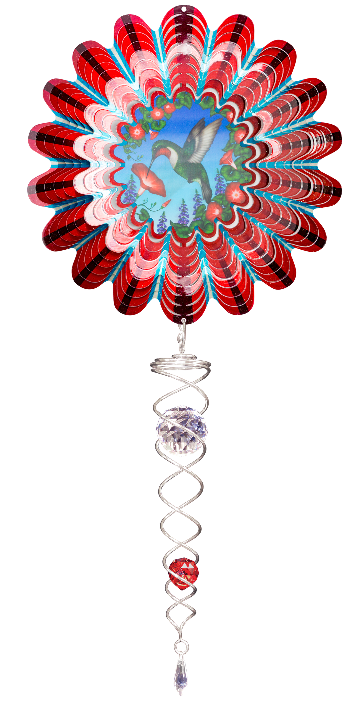 Small Red Hummingbird wind spinner set with printed hummingbird and trumpet flower centre, striped petals and crystal twister tail