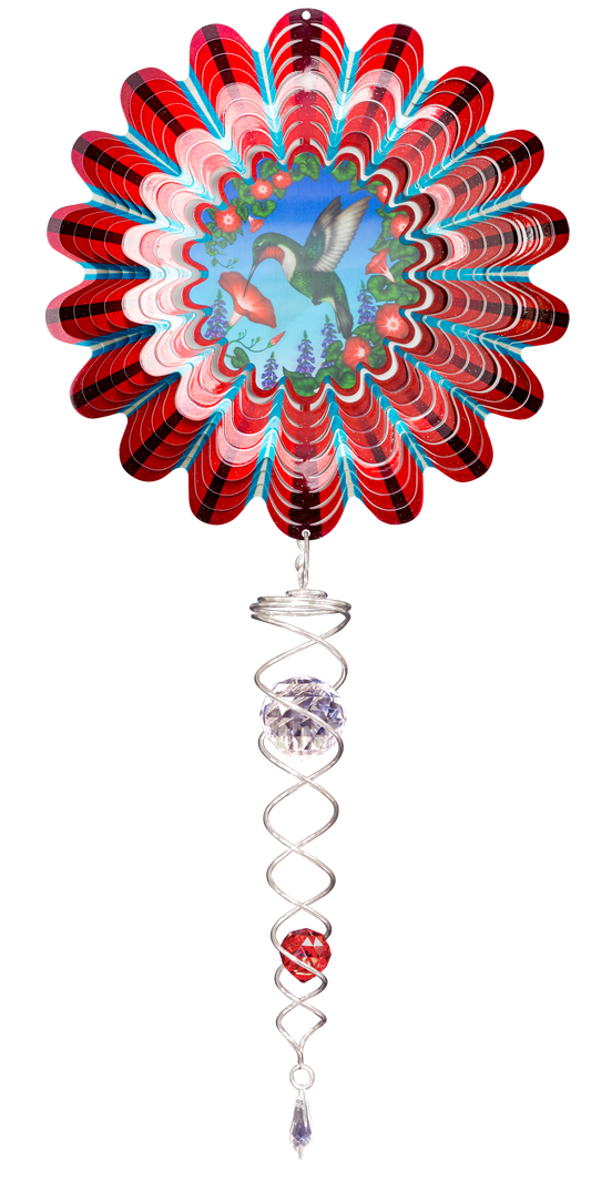 Small Red Hummingbird wind spinner set with printed hummingbird and trumpet flower centre, striped petals and crystal twister tail