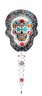 Sugar skull wind spinner set with colourful Day of the Dead artwork and crystal twister below