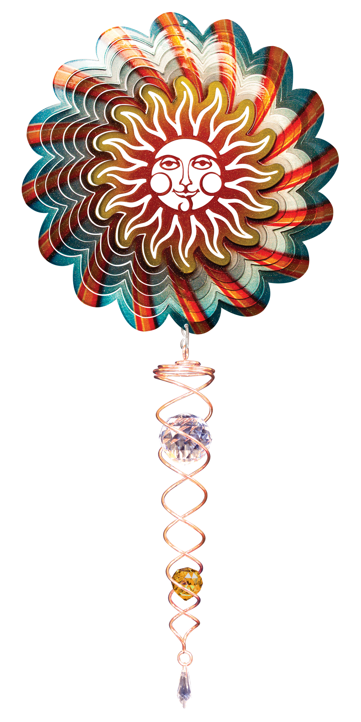Blue sun wind spinner set with golden sun face, swirled teal and orange blades and copper crystal twister