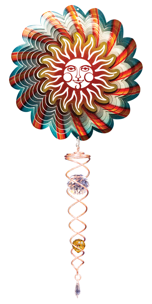 Blue sun wind spinner set with golden sun face, swirled teal and orange blades and copper crystal twister