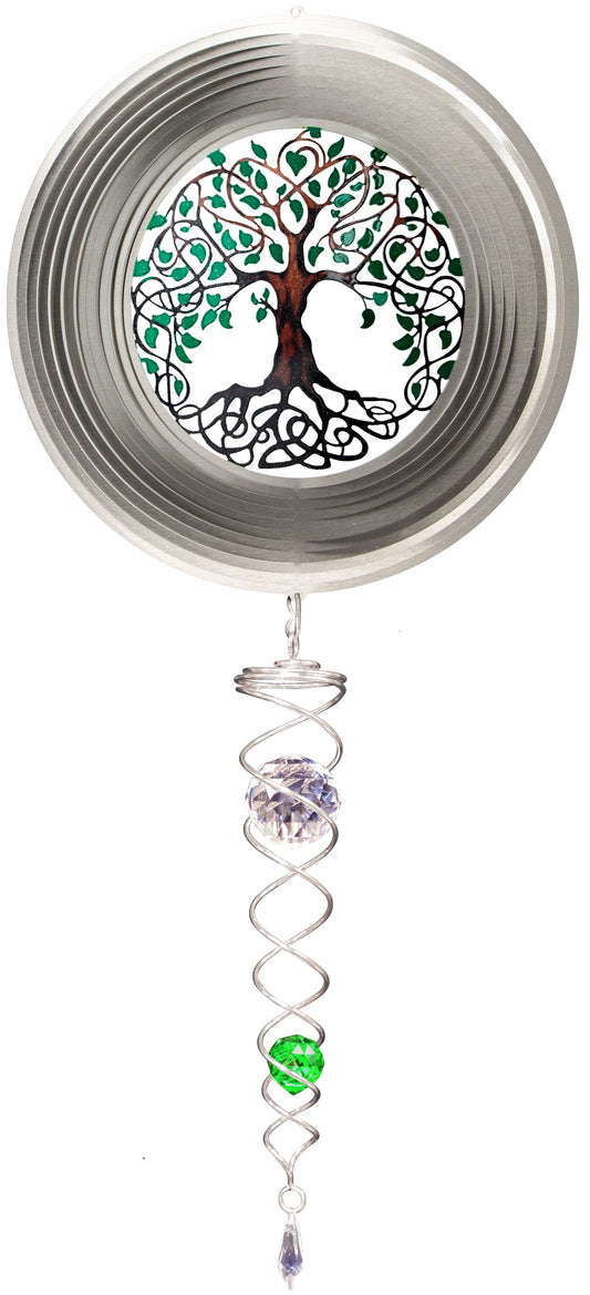 Tree of Life wind spinner set with Celtic knotwork tree centre, brushed-silver rings and crystal twister with green crystal ball