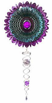 Small Galactic Mandala wind spinner set with purple and teal feathered petals, purple crystal centre and crystal twister tail