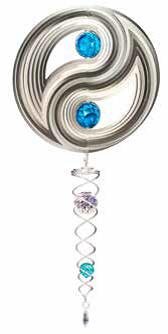 Silver yin-yang wind spinner with blue crystal ball dots and a small silver crystal twister hanging below it