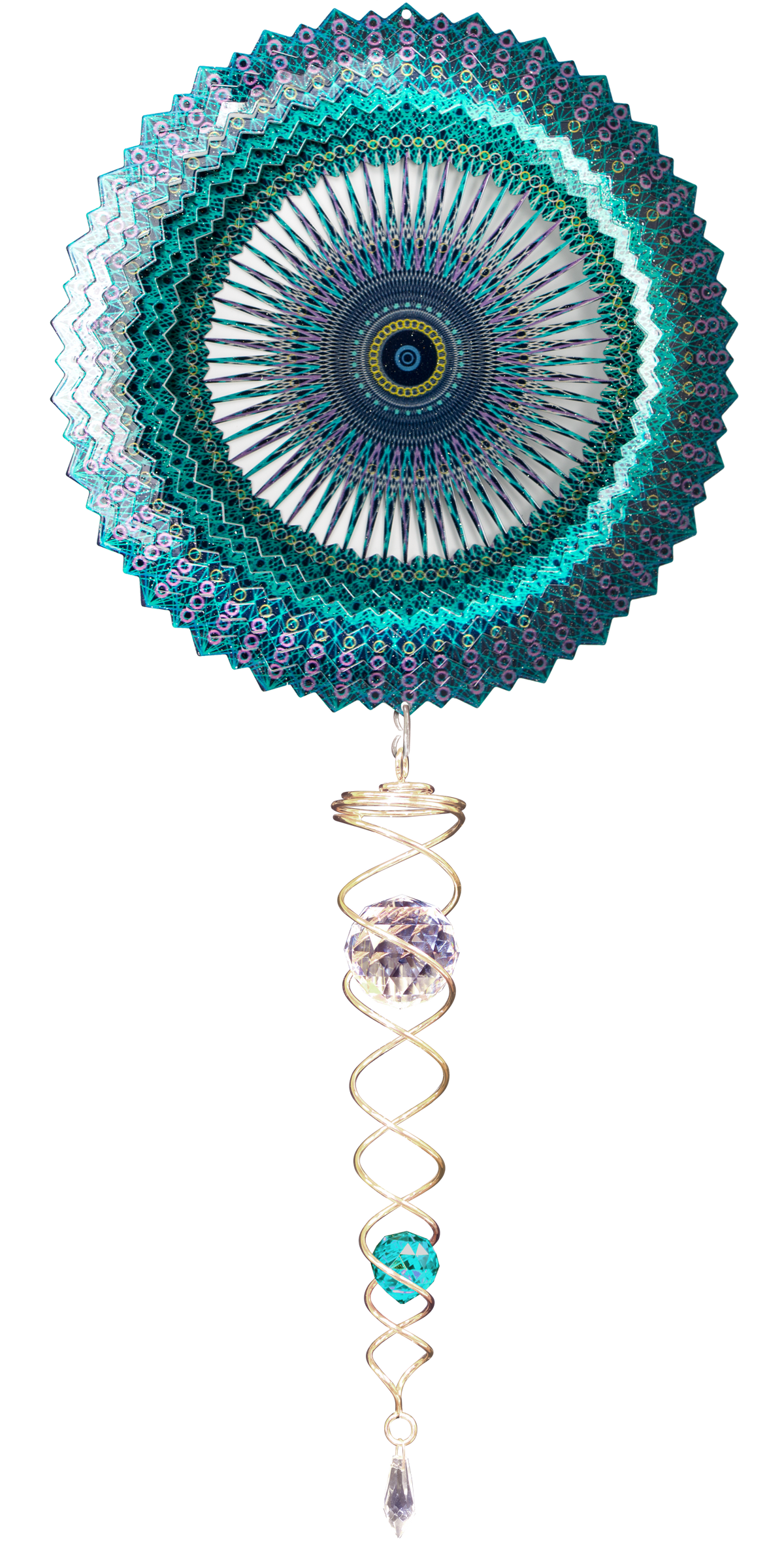 Wind spinner set with an intricate teal and purple mandala pattern and a gold-tone crystal twister hanging beneath it