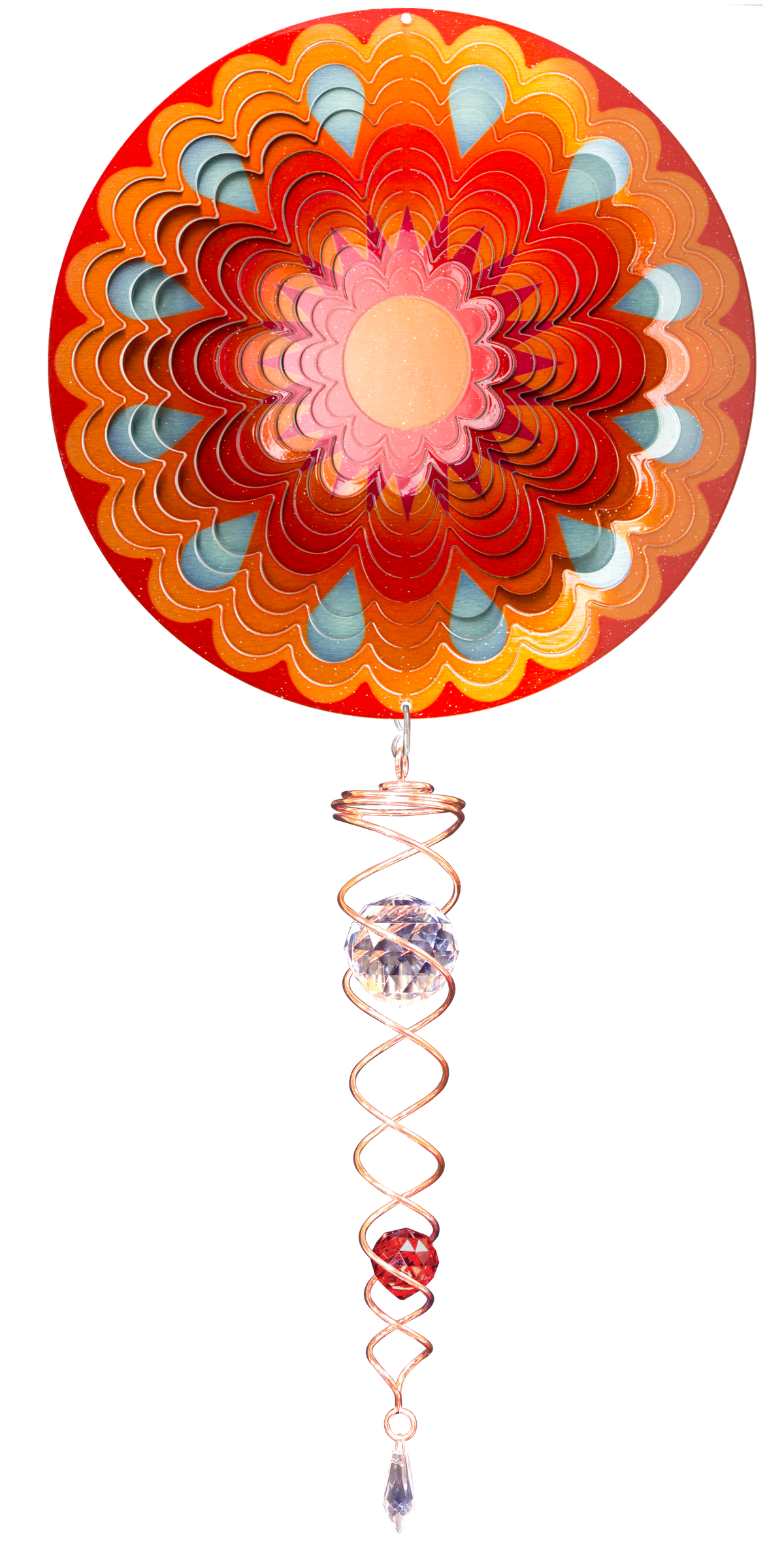 Small sunset mandala wind spinner set with red, orange and coral petals and copper-toned crystal twister with clear and red crystal balls