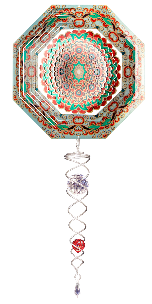 Small octagon mandala wind spinner gift set with kaleidoscope centre and silver crystal twister hanging below