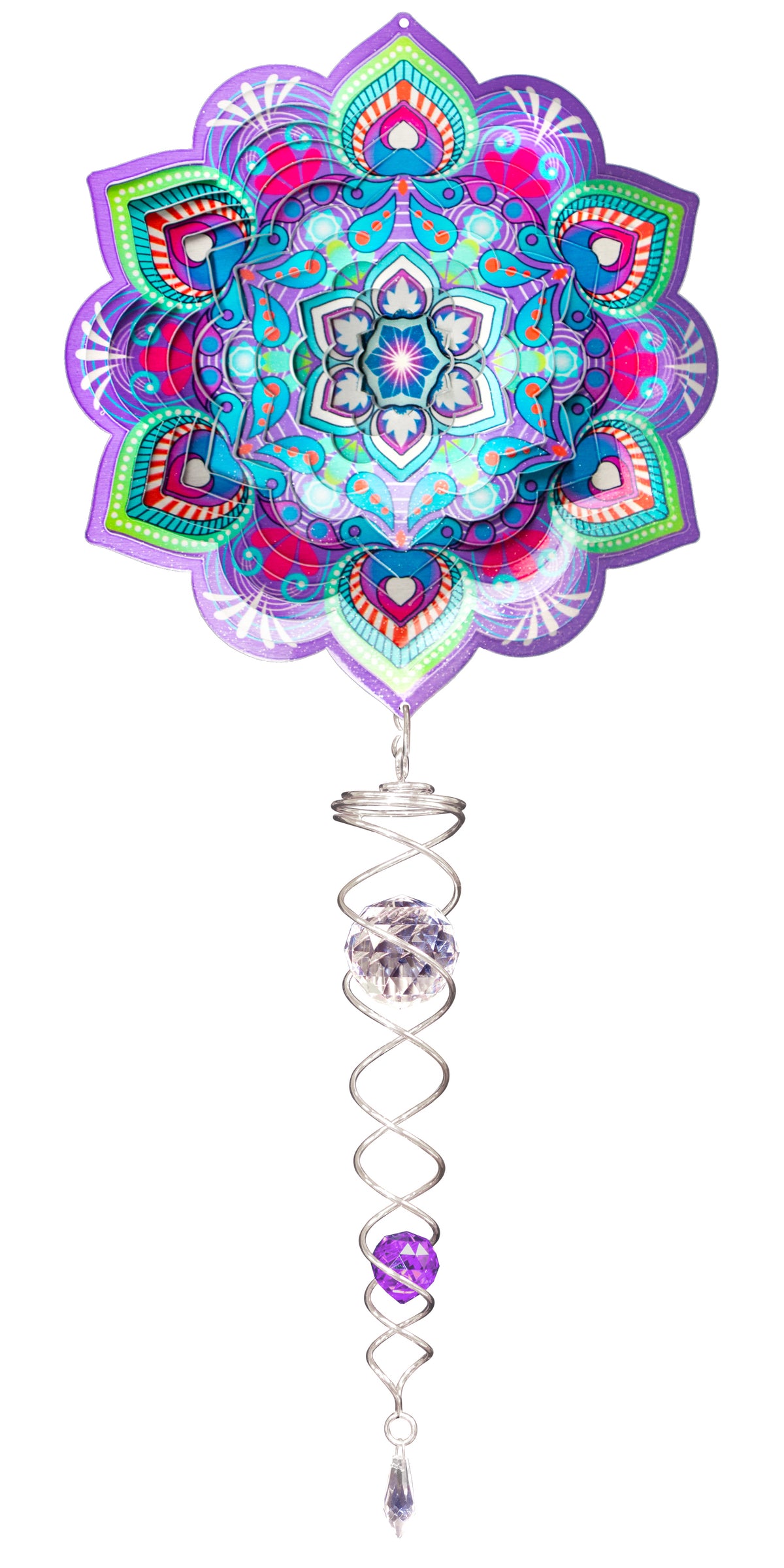 Lotus mandala wind spinner set in purple, teal and pink with silver crystal twister below