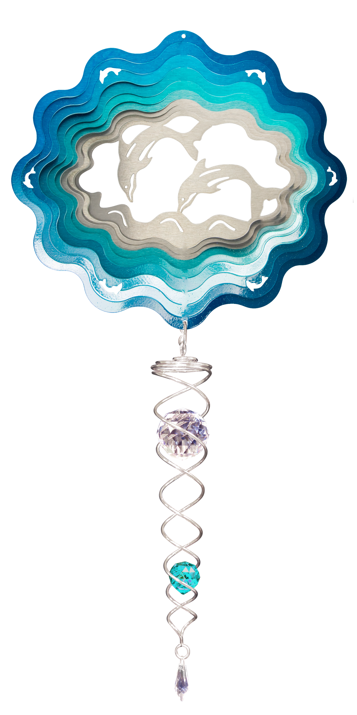 Small dolphin wind spinner gift set with die-cut leaping dolphins and silver crystal twister hanging below