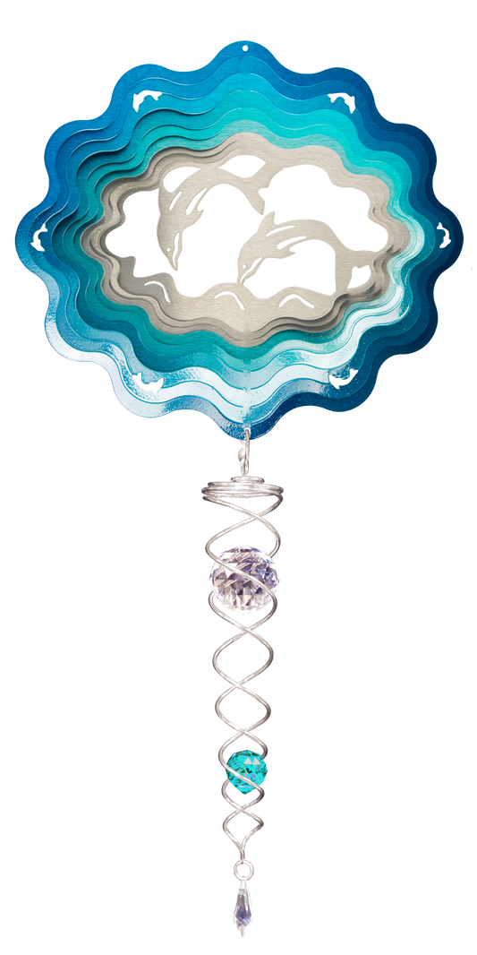 Small dolphin wind spinner gift set with die-cut leaping dolphins and silver crystal twister hanging below