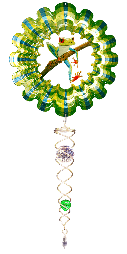 Tree frog wind spinner set with green striped scalloped spinner and silver crystal twister below