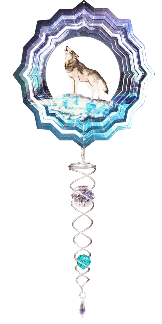 Small wolf wind spinner gift set with howling wolf winter scene and silver crystal twister hanging below