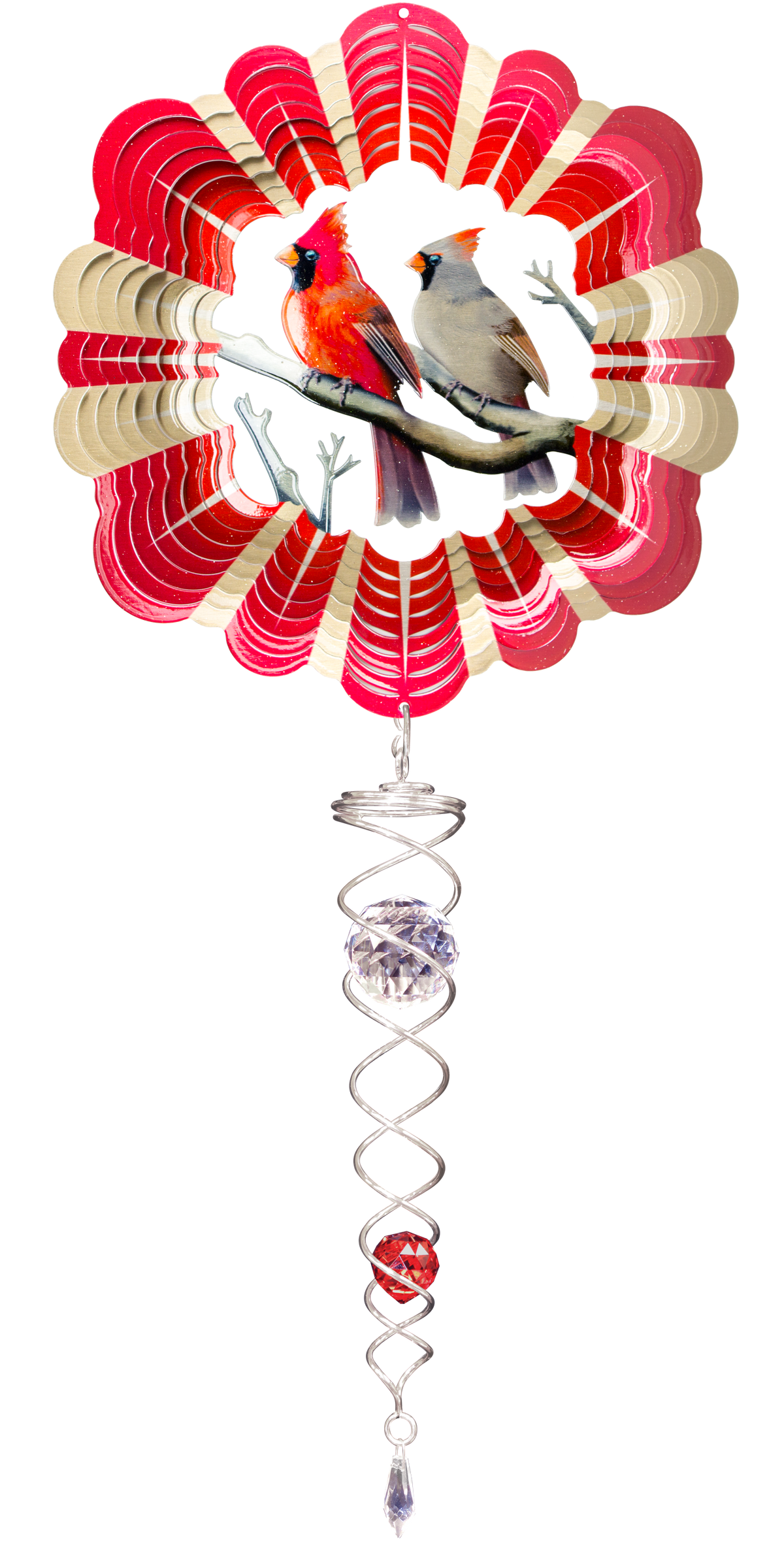Wind spinner set showing a red male and grey-brown female cardinal on a branch, with a silver crystal twister hanging below