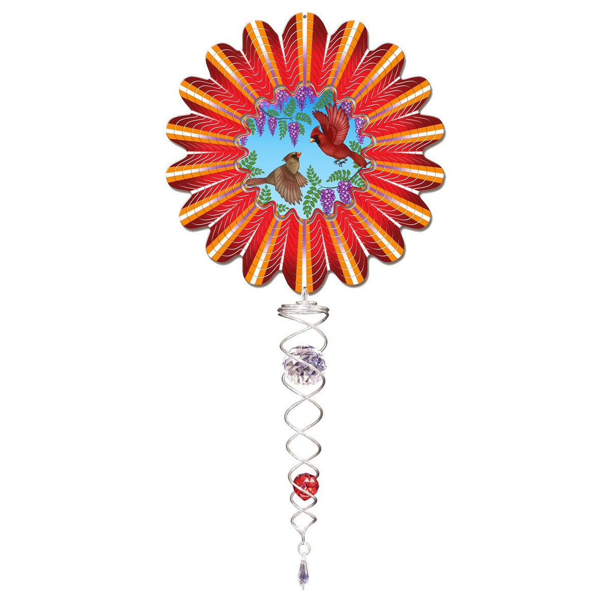 Small Cardinal wind spinner set with male and female cardinals among wisteria, red and gold petals and crystal twister tail