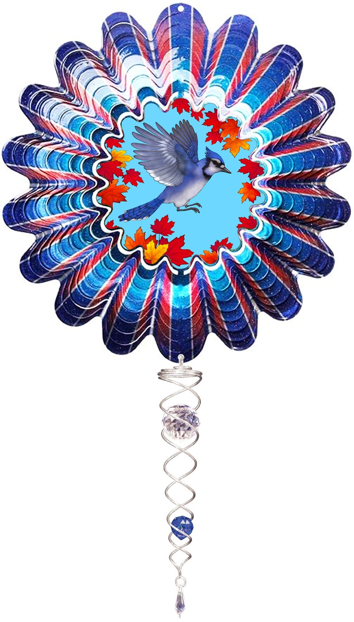 Animated blue jay wind spinner set with blue jay and autumn maple leaves and silver crystal twister below