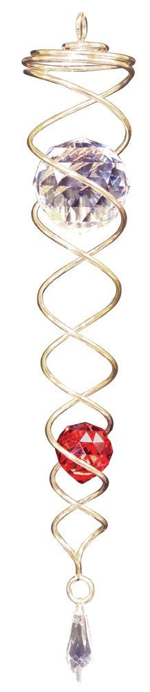 Large gold crystal twister spiral with clear faceted crystal ball, ruby-red crystal ball and teardrop prism