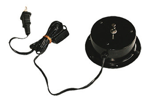 Round black AC plug-in electric wind spinner motor with rotating top spindle, coiled power cord and two-prong wall plug